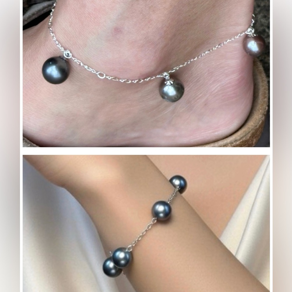 Tahitian Black Pearl Bracelet Anklet Sterling Silver Adjustable Chain 6.5-9”
